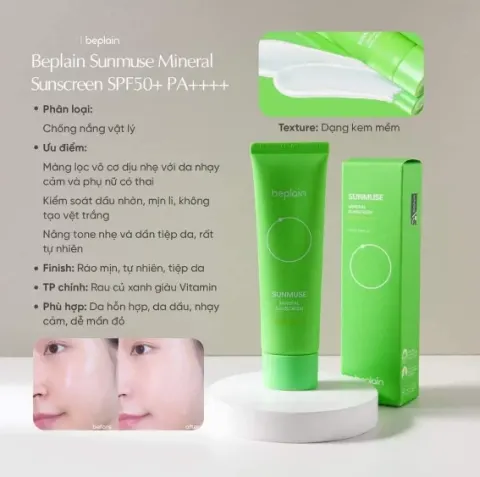 Kem Chống Nắng Kiềm Dầu, Kháng Nước Beplain Sunmuse Mineral Sunscreen SPF50+ PA++++ 50ml (XANH LÁ)