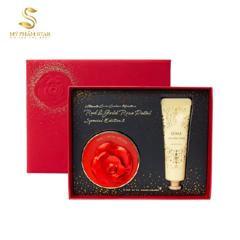 Set Phấn Nước + Kem Dưỡng Tay Ohui Ultimate Cover Cushion Moisture Red & Gold Rose Petal Special Edition II