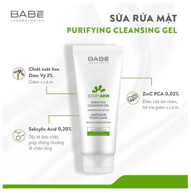 Sữa rửa mặt cho da dầu mụn Babe Stop AKN Purifying Cleansing Gel