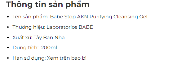 Sữa rửa mặt cho da dầu mụn Babe Stop AKN Purifying Cleansing Gel