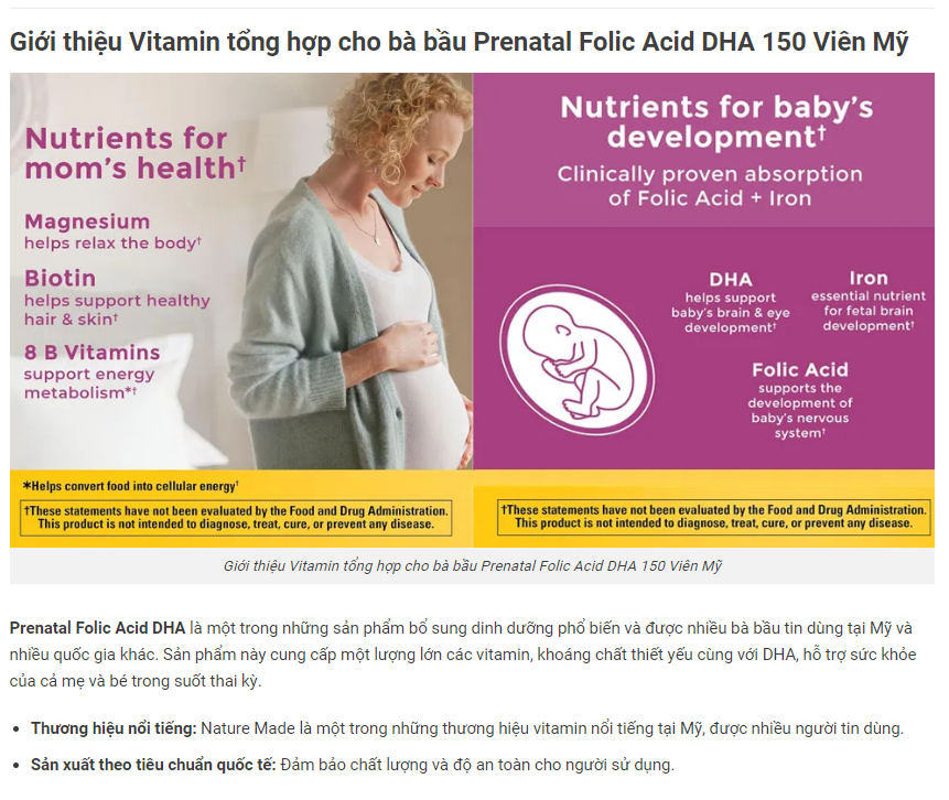 Vitamin tổng hợp cho bà bầu Prenatal Folic Acid DHA 150 Viên Mỹ