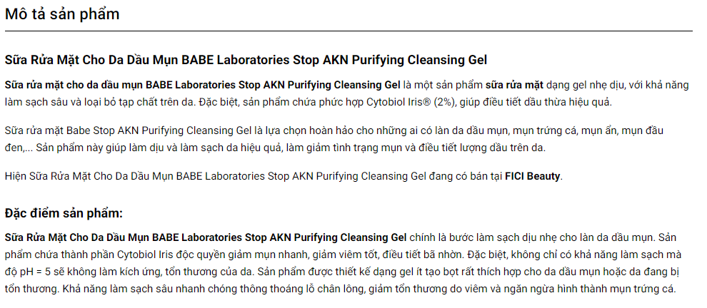 Sữa rửa mặt cho da dầu mụn Babe Stop AKN Purifying Cleansing Gel