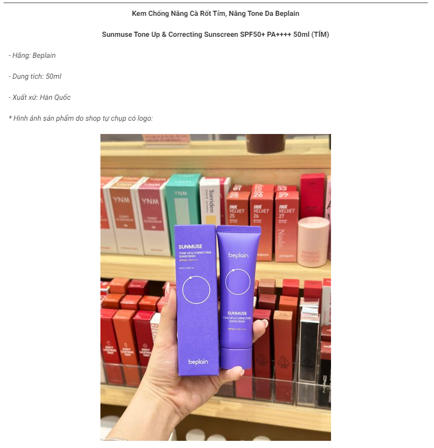 Kem Chống Nắng Cà Rốt Tím, Nâng Tone Da Beplain Sunmuse Tone Up & Correcting Sunscreen SPF50+ PA++++ 50ml (TÍM)