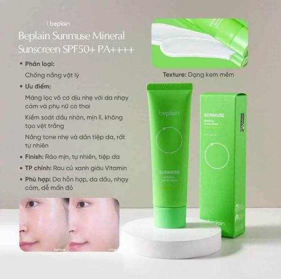 Kem Chống Nắng Kiềm Dầu, Kháng Nước Beplain Sunmuse Mineral Sunscreen SPF50+ PA++++ 50ml (XANH LÁ)